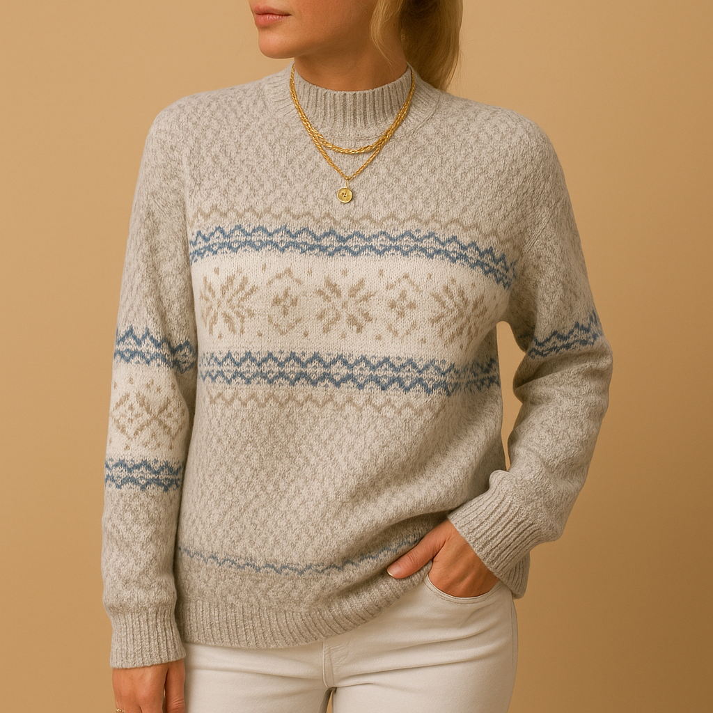 Women's cozy knit Christmas sweater with festive print in blue, apricot, gray, or pink by Lotte