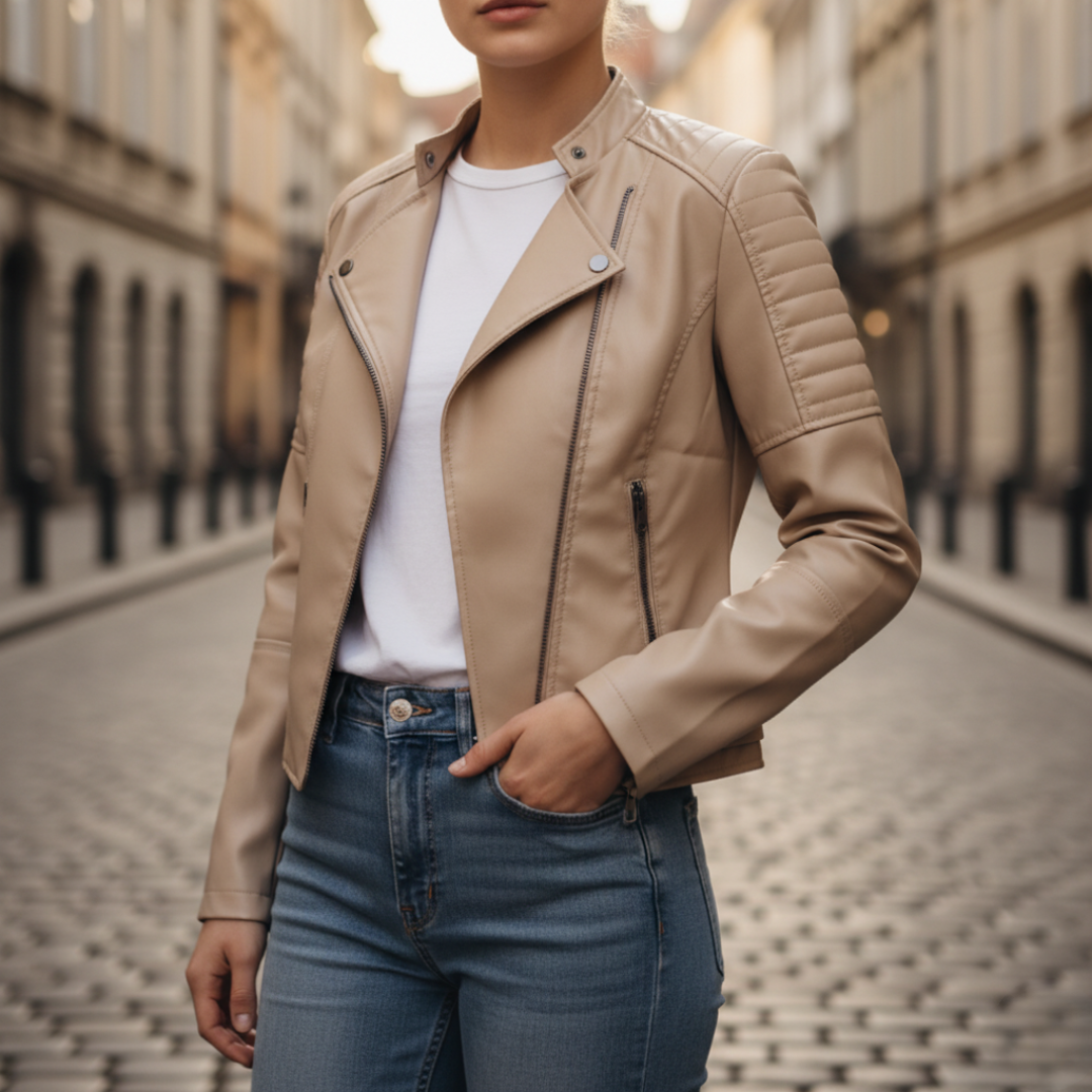 Women's slim fit faux leather jacket with front zip closure, available in black, brown, khaki, and red