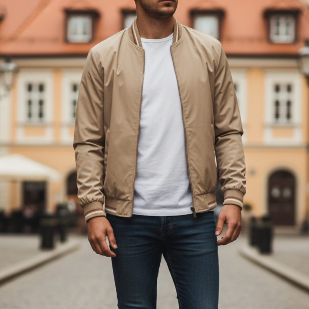 Men's black bomber jacket casual sporty cut with zip closure and contrast striped details