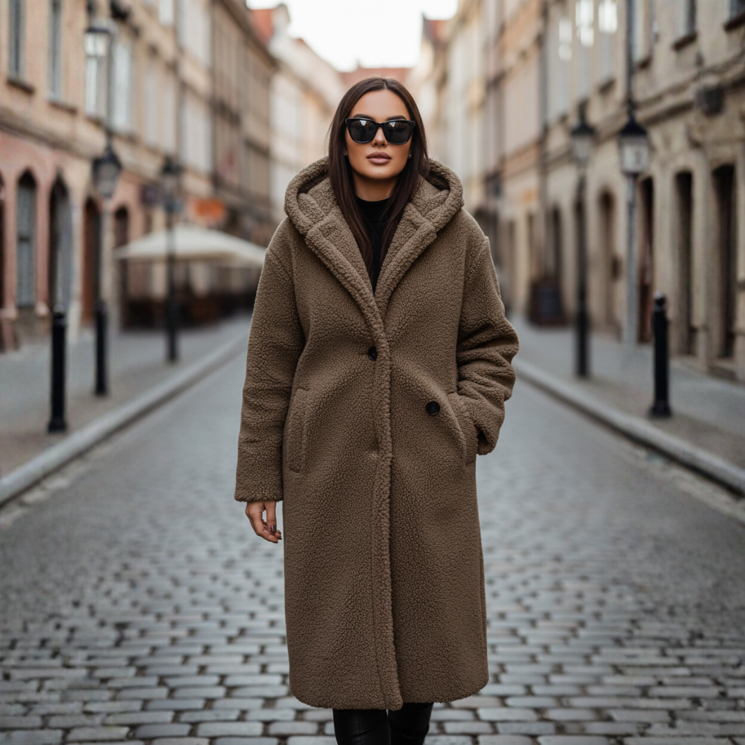 Women's ivory faux fur hooded jacket with front button closure, plush winter outerwear