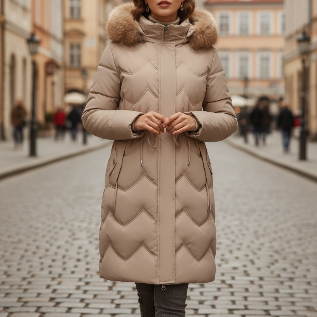 Black waterproof women's down jacket with fur-trimmed hood, windproof winter coat sleek silhouette