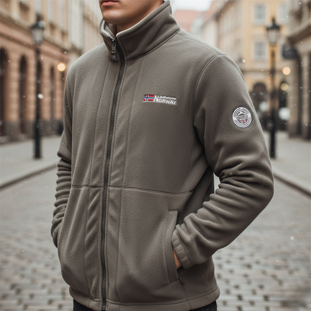 Men's full-zip winter fleece jacket in black soft breathable fabric for active outdoor wear