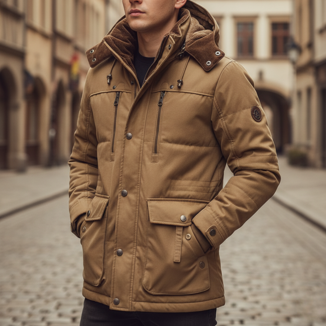 Men's hooded winter jacket in blue fleece-lined insulated coat with functional pockets for outdoor use