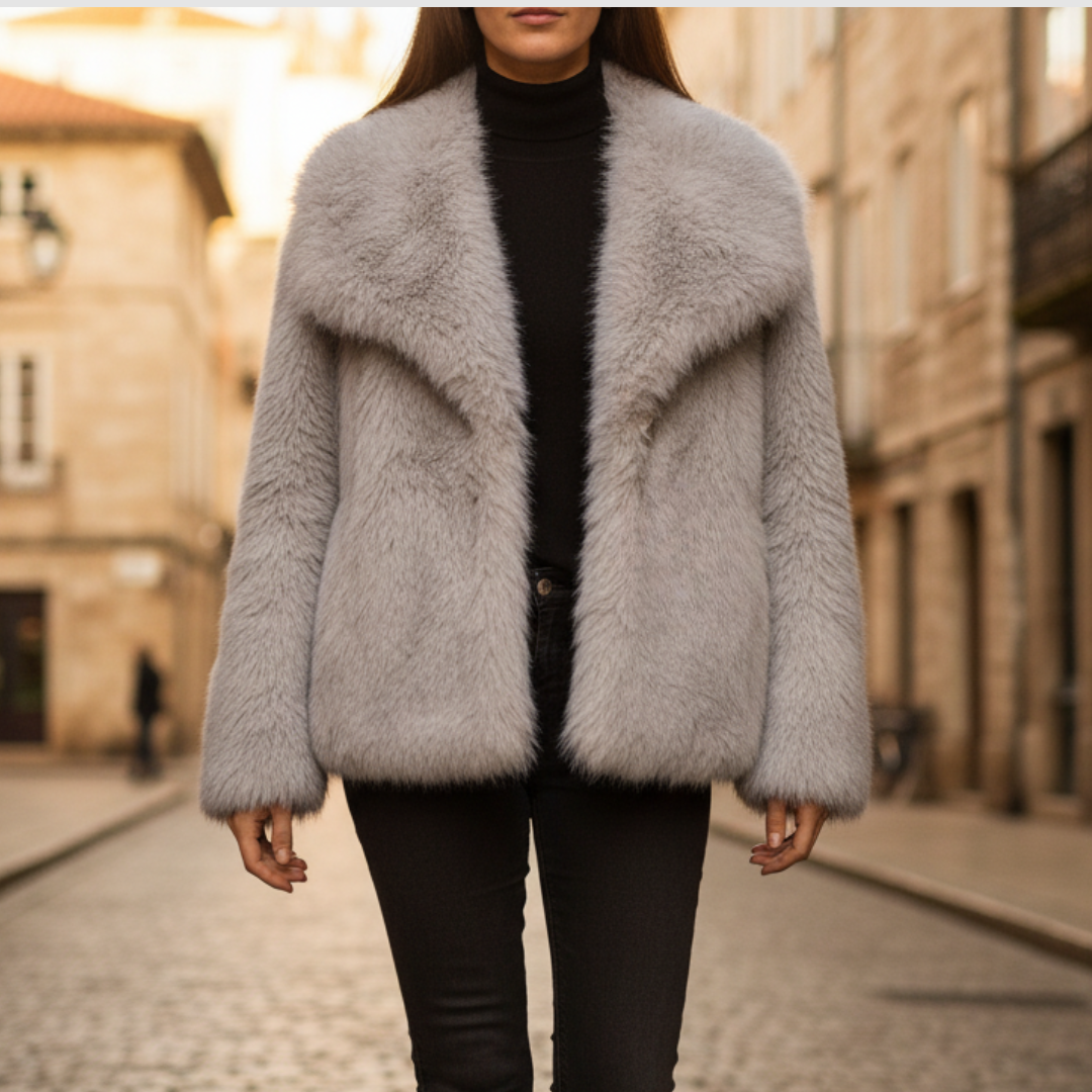 Women's faux fur long jacket beige black brown cozy collar front pockets casual winter wear