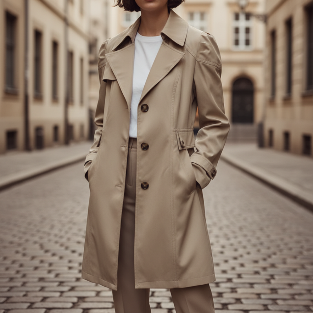 Long women's trench coat with button closure, classic collar, elegant versatile outerwear full coverage