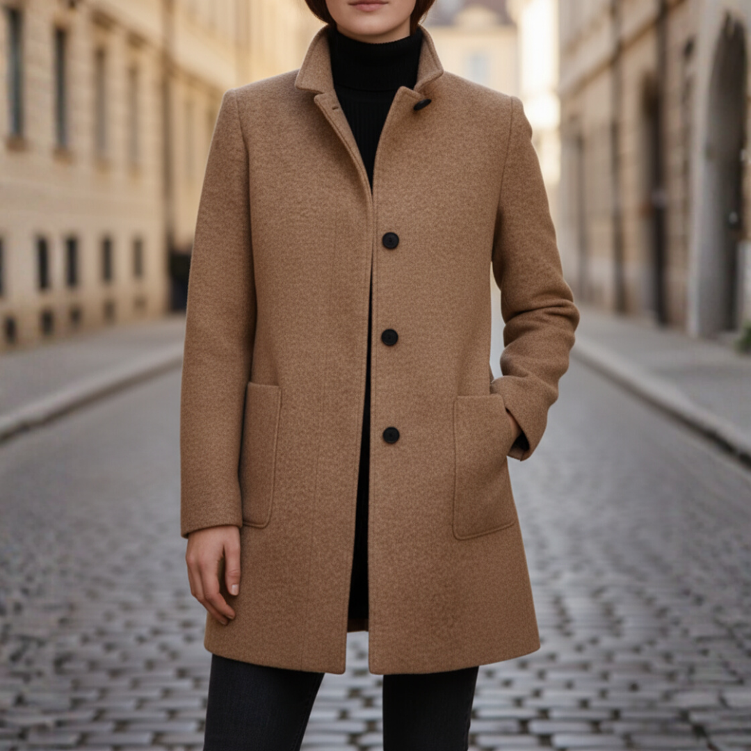 Women's polyester winter coat with black buttons, side pockets, sleek modern silhouette, casual formal versatile