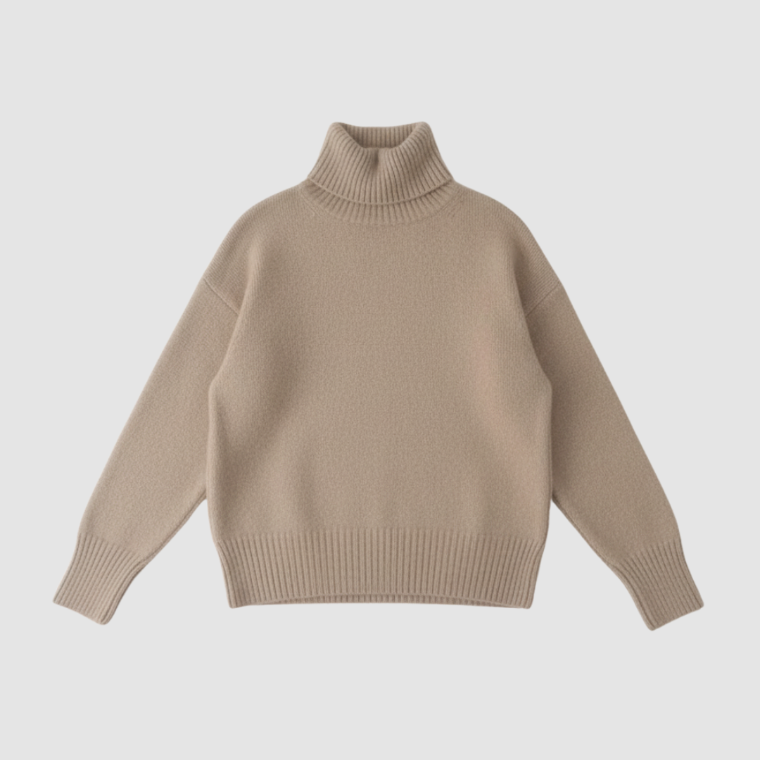 Women's camel cashmere turtleneck sweater relaxed fit with classic ribbed neck and hem
