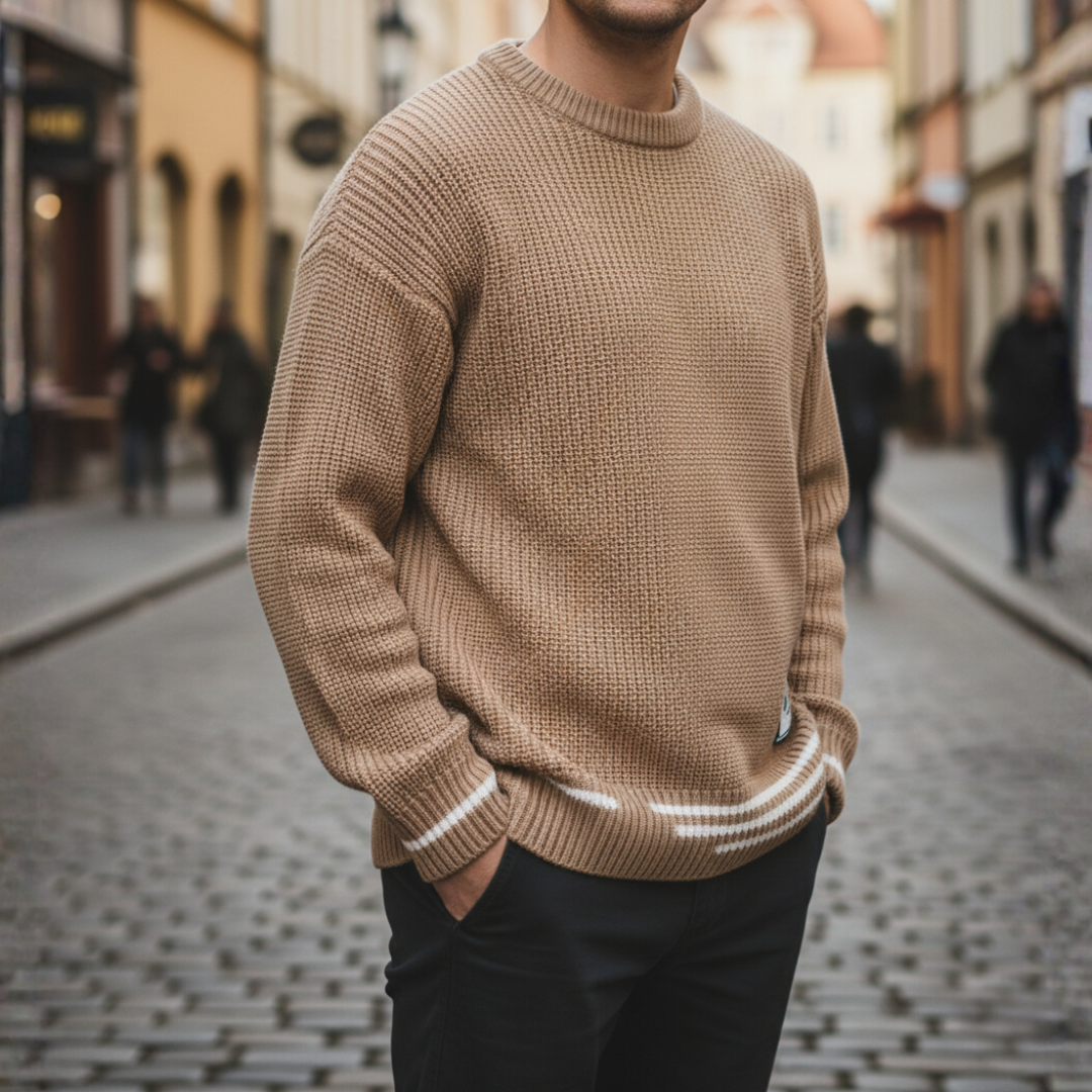 Men's oversized thick knit winter sweater with striped hem, relaxed streetwear silhouette for cold weather