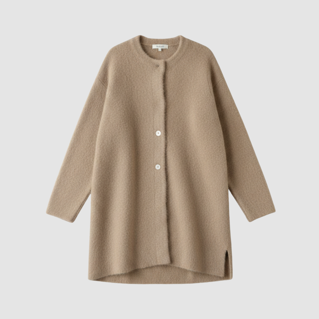 Women's oversized fuzzy knit cardigan with front button closure, cozy brushed finish for warmth