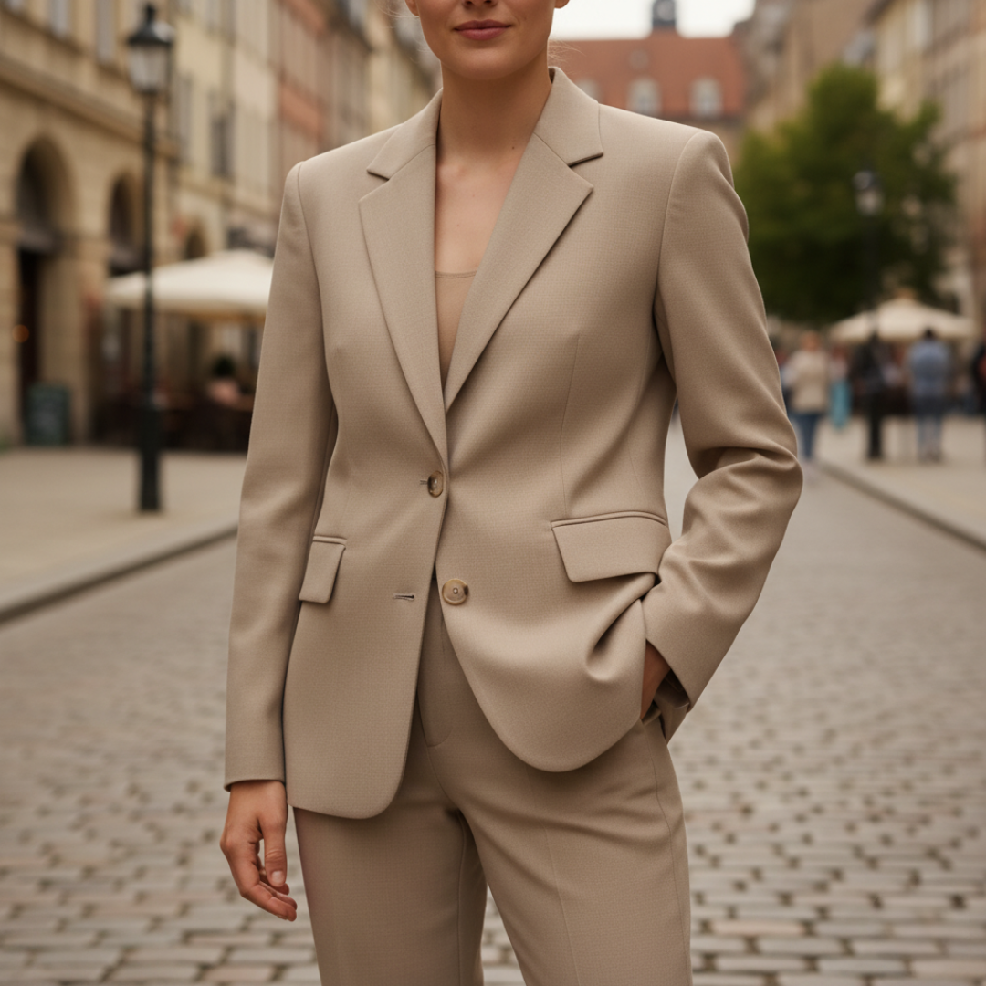 Women's tailored jacket and pants two-piece set in elegant workwear style with button closure