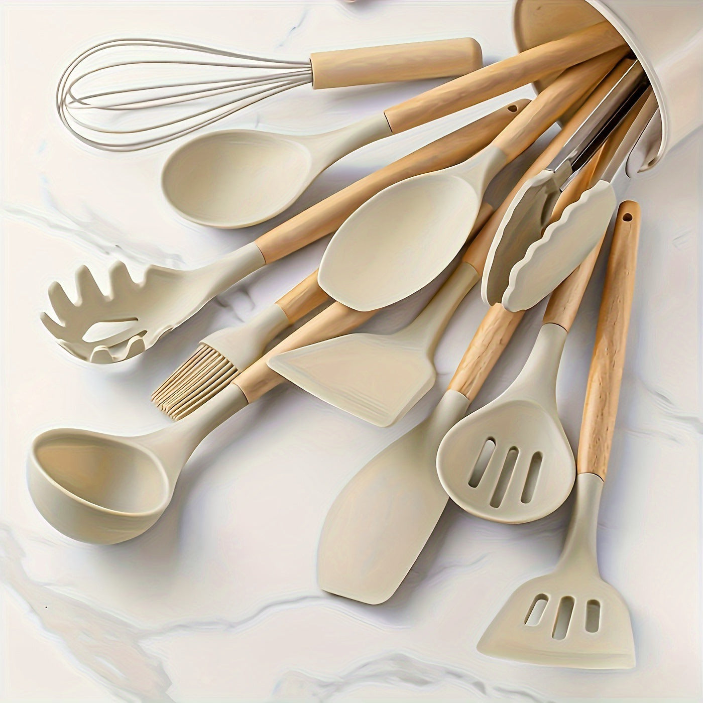 Minimalist 12-piece silicone and wood kitchen utensil set with soft heads safe for nonstick cookware
