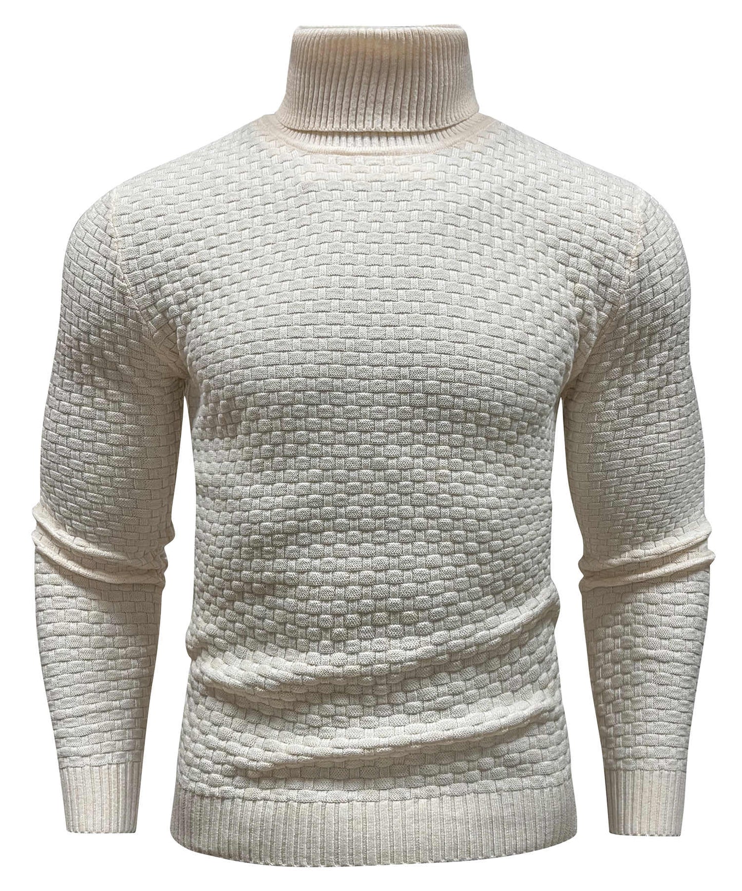 Men's slim fit turtleneck sweater with geometric pattern and ribbed finish in sophisticated casual style
