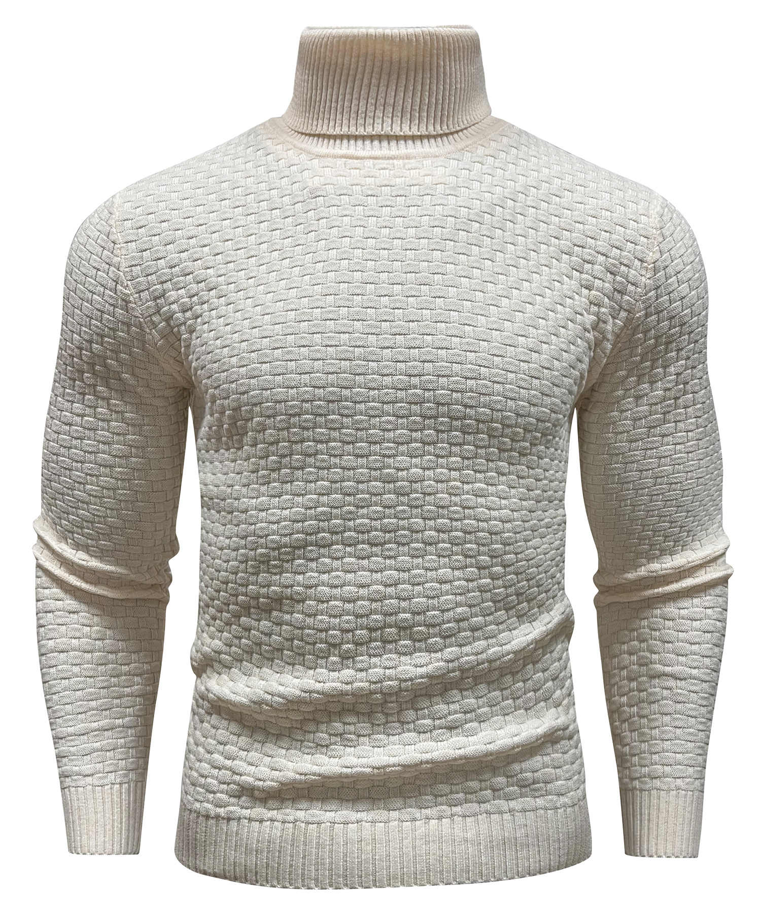Men's slim fit turtleneck sweater with geometric pattern and ribbed finish in sophisticated casual style