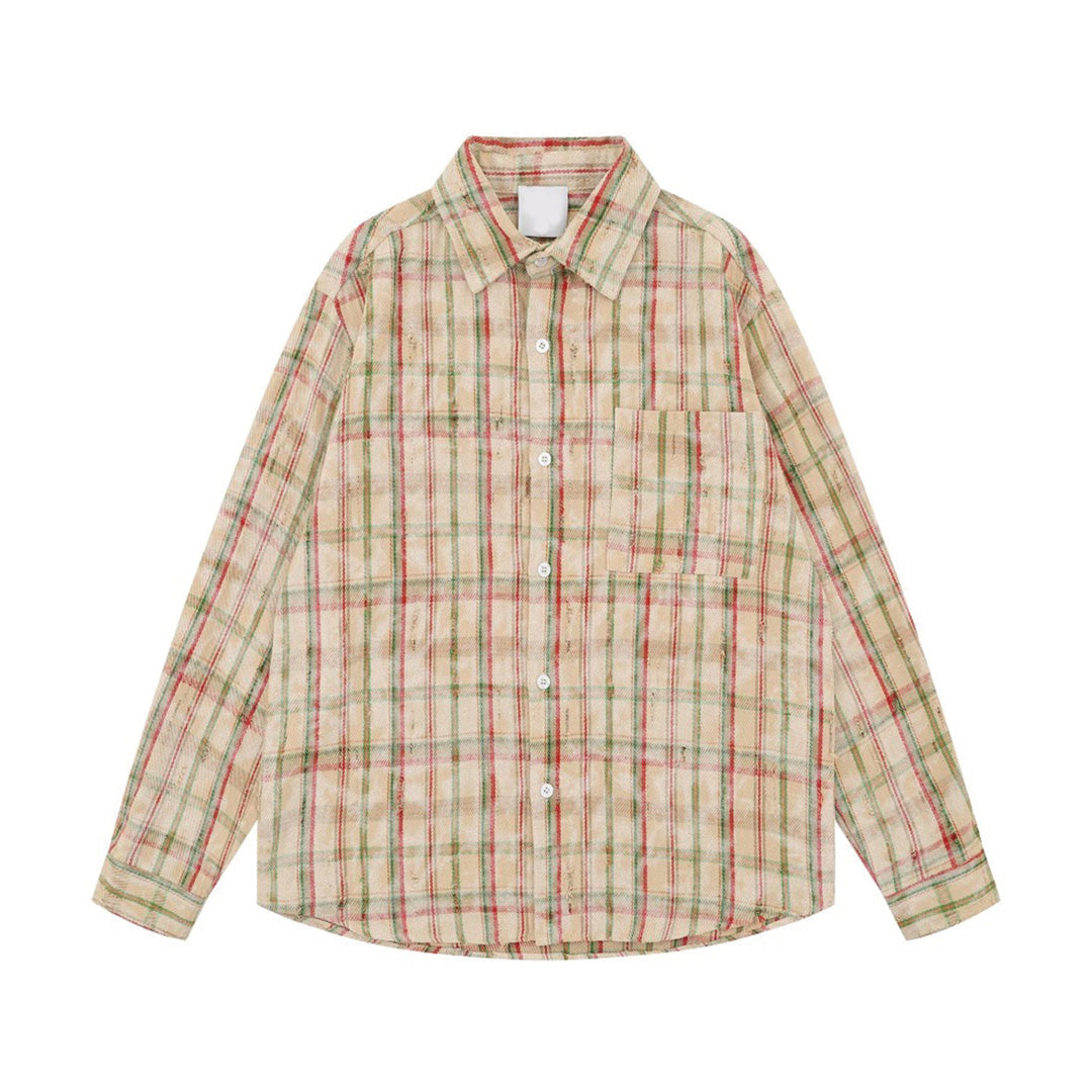 Men's deconstructed plaid cotton field shirt relaxed fit faded tonal weave single chest pocket