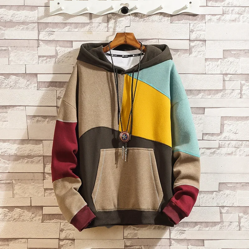 Unisex patchwork hoodie in multicolor colorblock streetwear style with soft cotton-blend fabric
