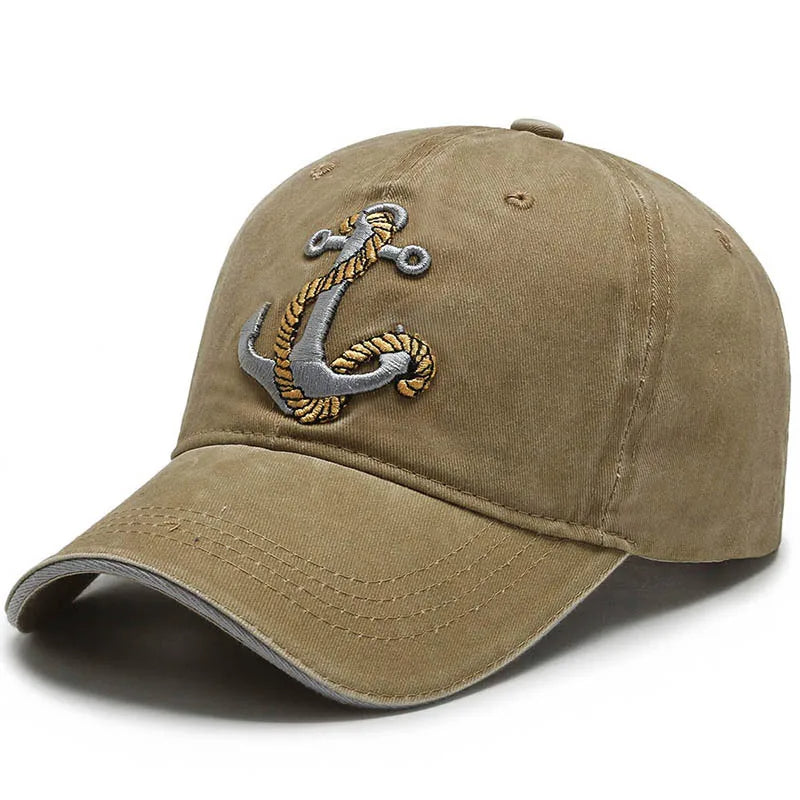 Washed cotton baseball cap navy blue vintage style embroidered anchor patch adjustable metal buckle