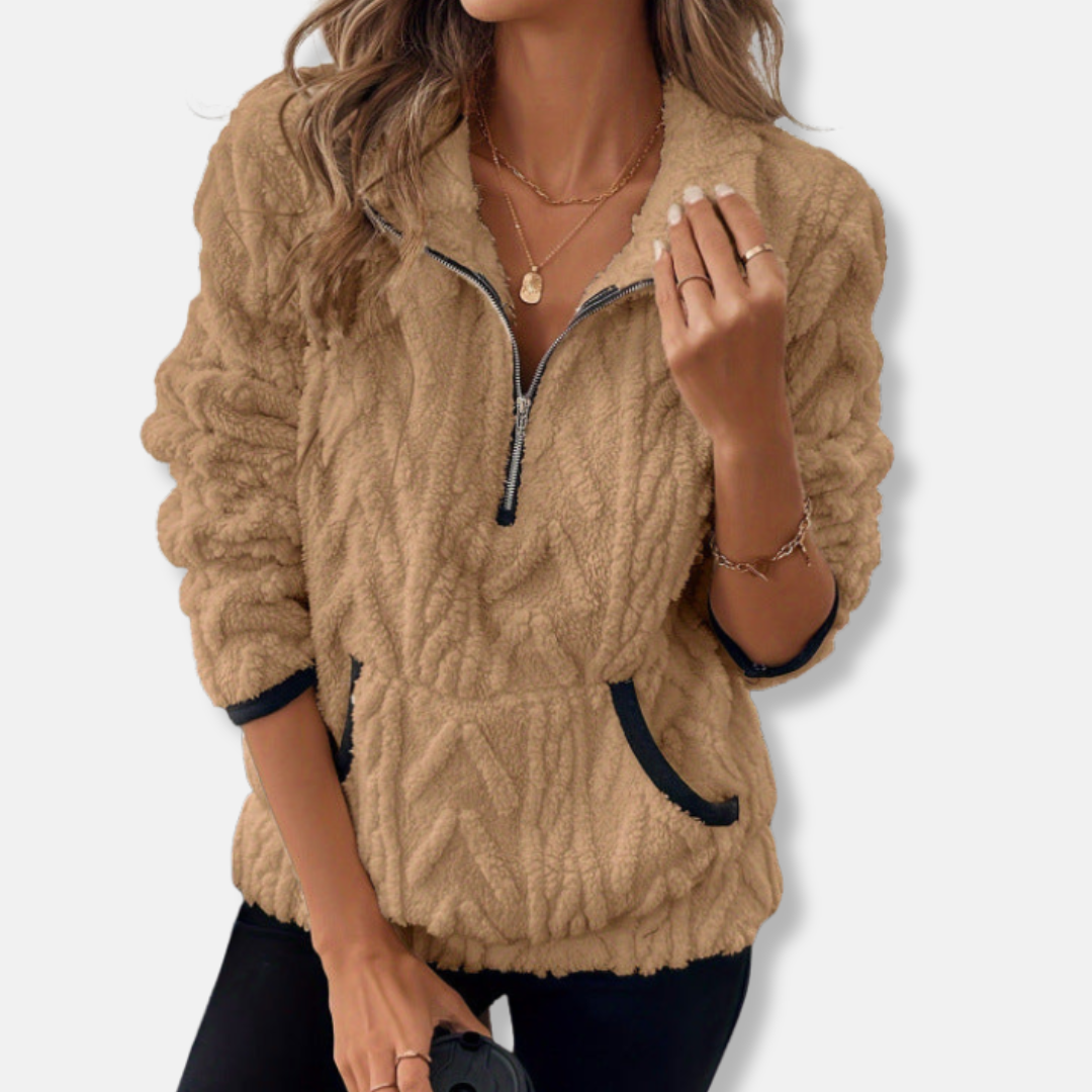 Women's fleece pullover sweatshirt relaxed fit stand collar half-zip kangaroo pocket cozy layer