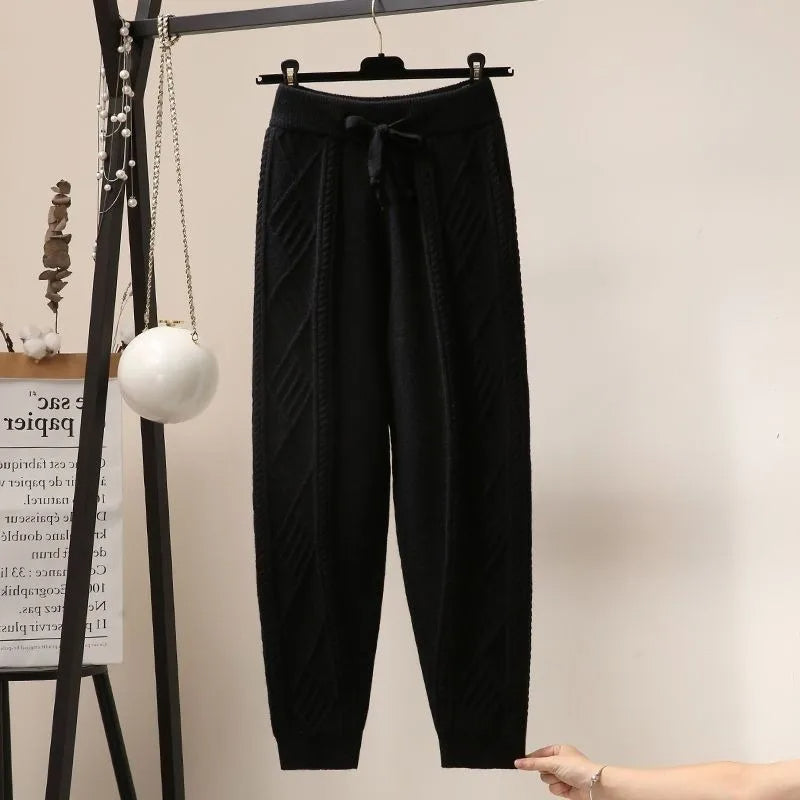 Women's gray diamond cable knit jogger pants with drawstring waist, ultra-soft relaxed fit loungewear