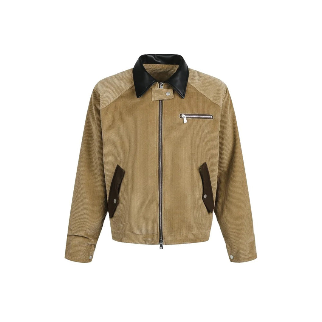Men's brown corduroy zip jacket with turn-down collar, angular paneling and vegan leather accents