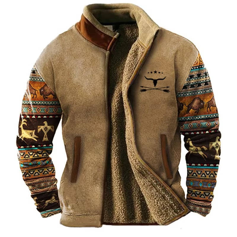 Men's western Aztec geometric fleece jacket with plush sherpa lining, bold heritage pattern on chest