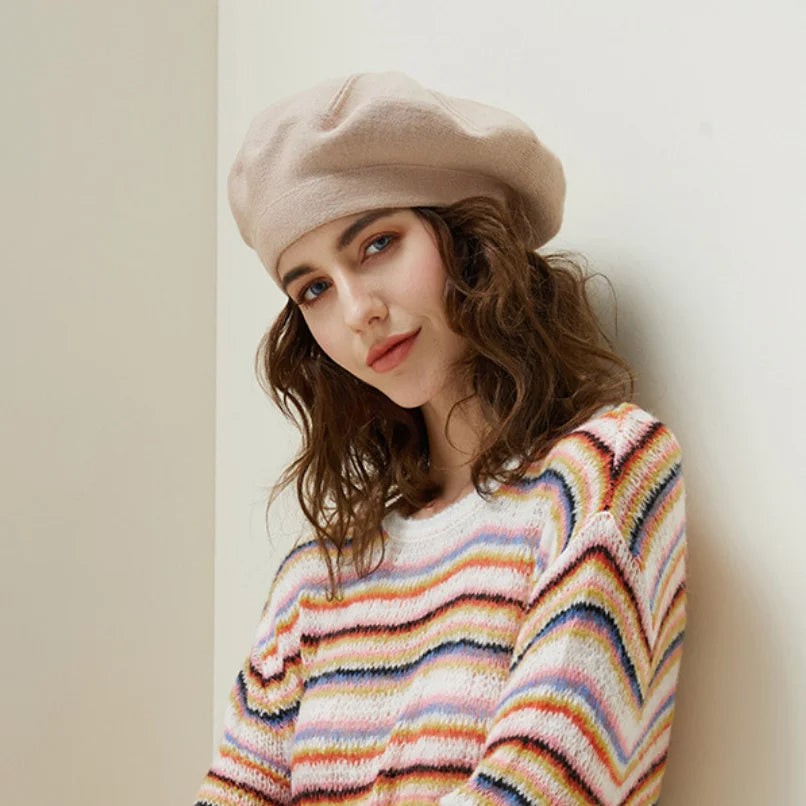 Women's slouchy rounded wool beret in soft neutral tone, relaxed silhouette with cozy casual everyday style