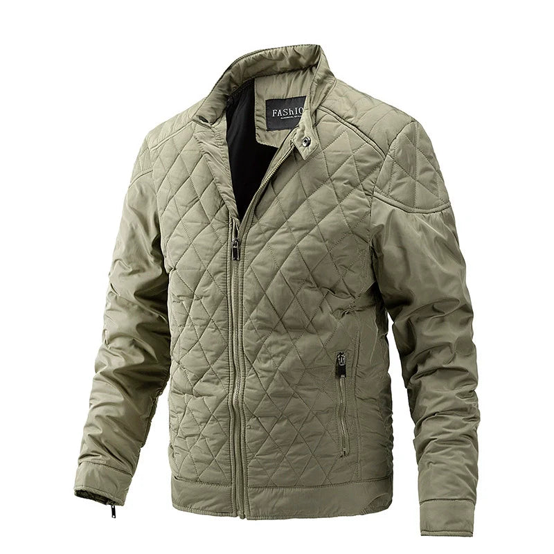 Men's navy quilted jacket stand collar full zip hip-length regular fit casual winter outerwear