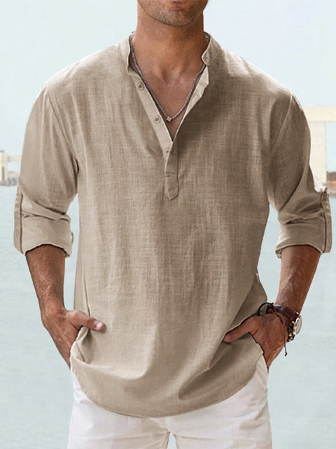 Men's relaxed fit grandad collar shirt long sleeves sustainable lightweight fabric casual style