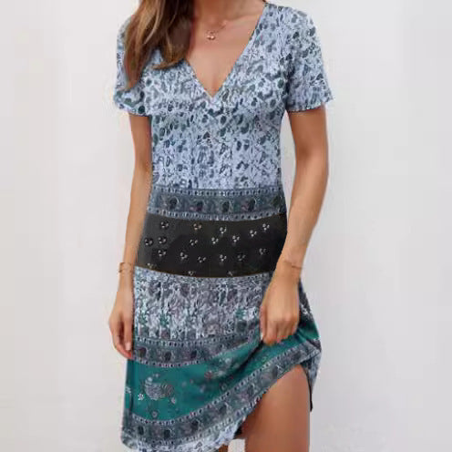 Boho patchwork mini dress deep V-neck cotton blend relaxed fit casual weekend style