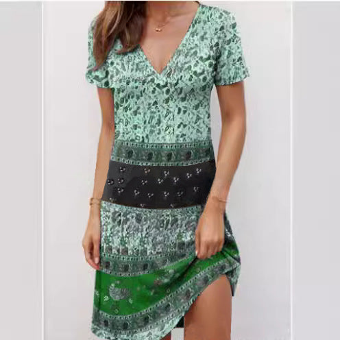 Boho mini dress patchwork cotton blend deep V-neck relaxed fit colorful casual weekend style