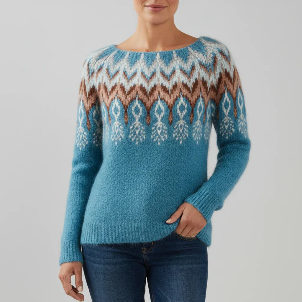 Women's relaxed crewneck sweater with Fair Isle and tree print pattern, perfect for casual layering