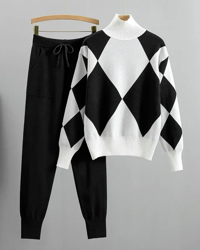 Women's argyle knit two-piece set turtleneck sweater tapered pants preppy diamond pattern