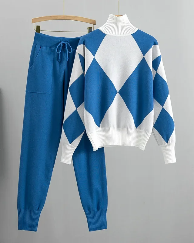 Women's argyle knit two-piece set turtleneck sweater tapered pants preppy diamond pattern