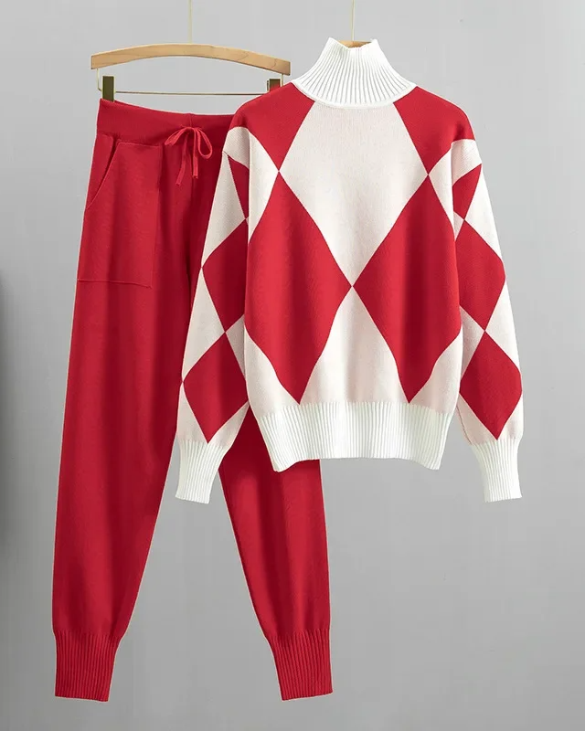 Women's argyle knit two-piece set turtleneck sweater tapered pants preppy diamond pattern