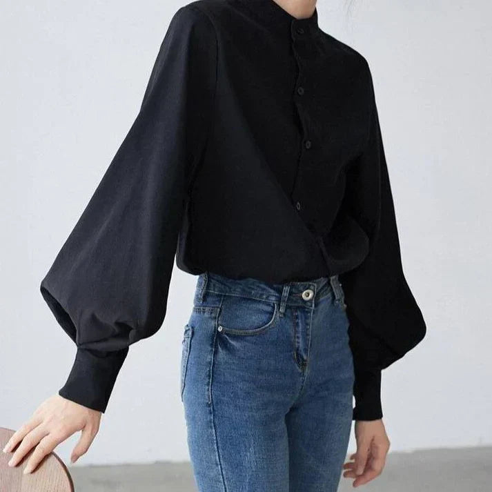 Women's white turtleneck blouse balloon sleeves office wear elegant fitted silhouette