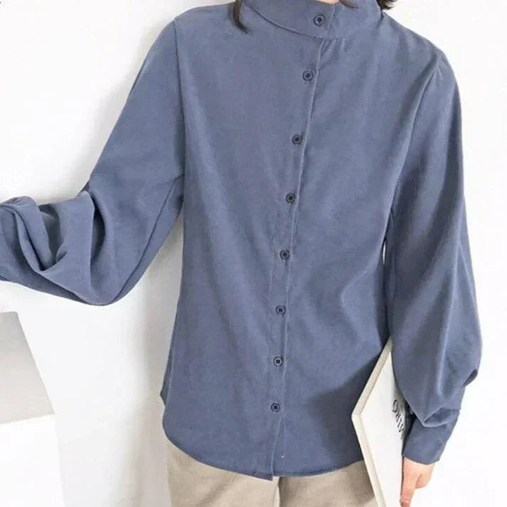 Women's white turtleneck blouse balloon sleeves office wear elegant fitted silhouette