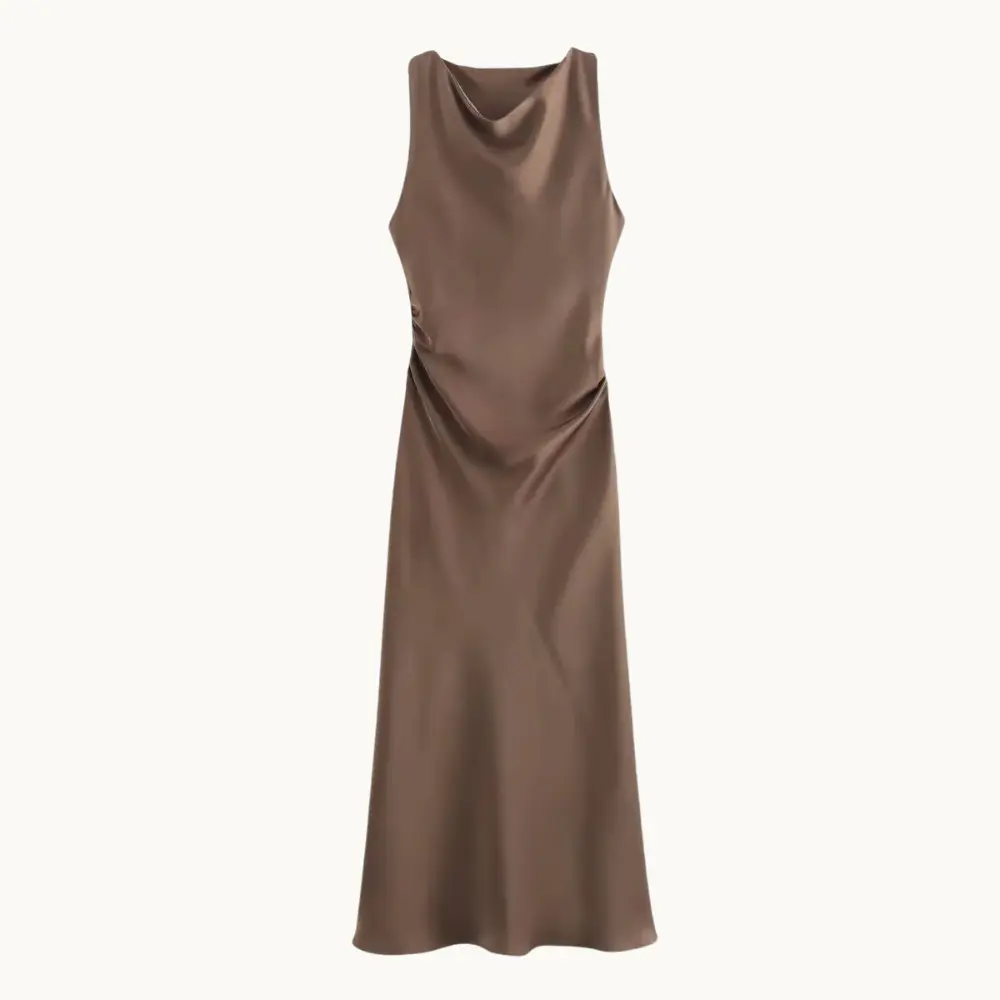 Kristina satin slip midi dress sleeveless streamlined silhouette lustrous draping finish evening wear