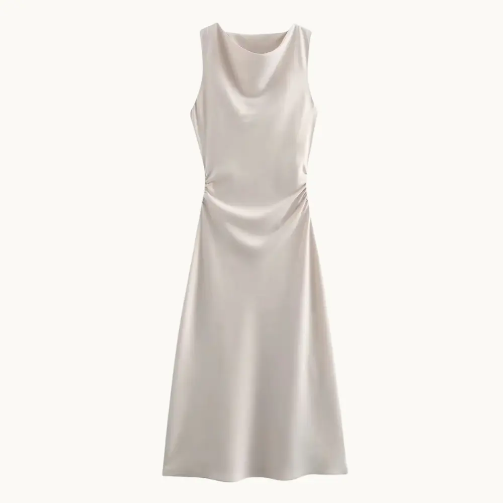 Kristina satin slip midi dress sleeveless minimalist silhouette lustrous draping finish evening wear