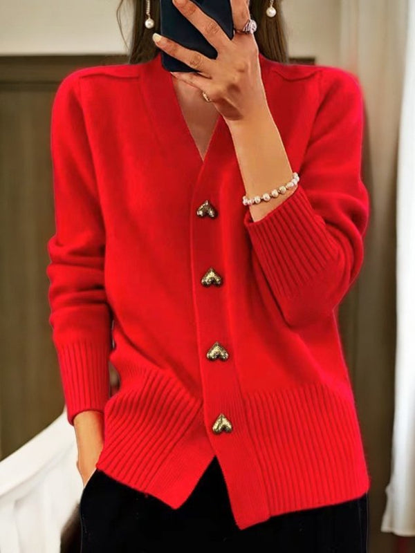 Women's thick knit V-neck cardigan in vintage preppy style, warm cozy wool blend elegant layering piece