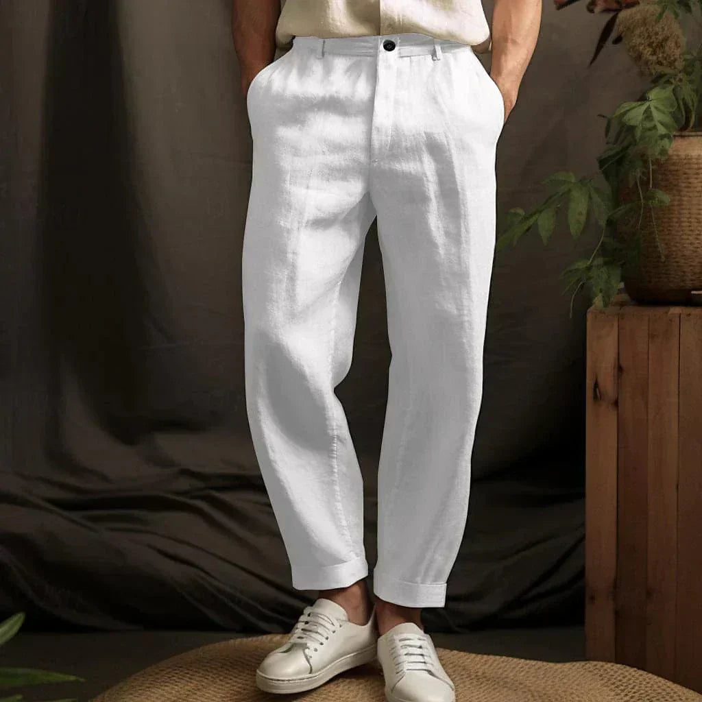 Men's beige linen summer pants relaxed fit elastic waistband breathable everyday office casual wear