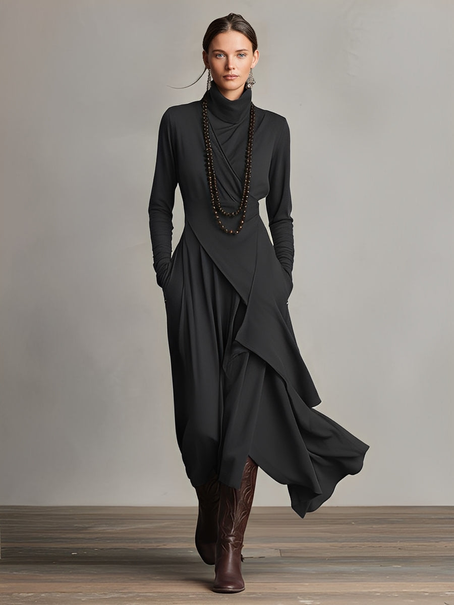 Women's burgundy wrap turtleneck midi dress with draped asymmetrical flowing skirt for elegant office wear