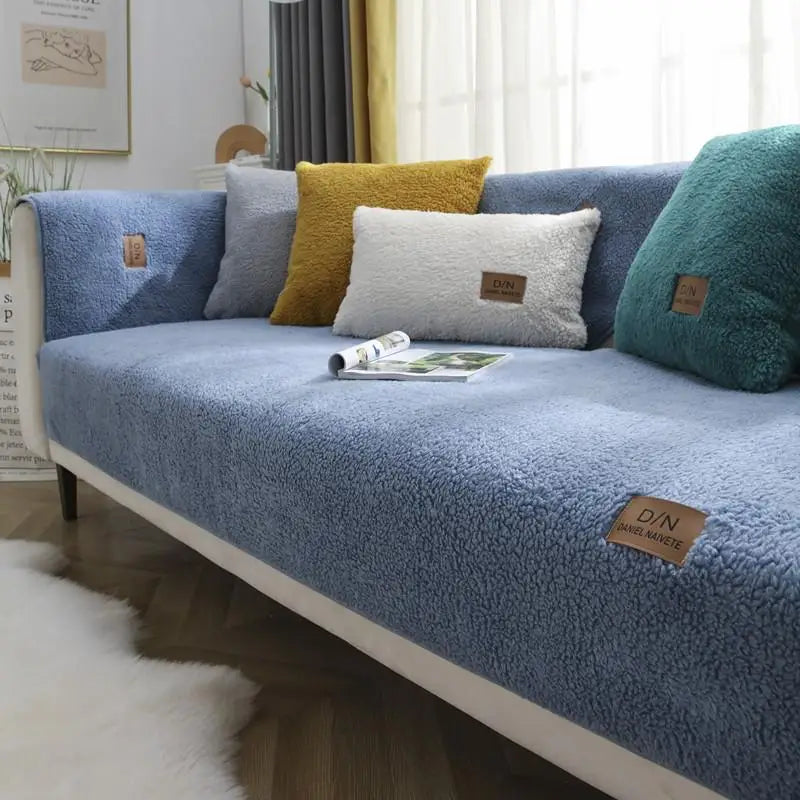 Sherpa fleece sofa cover plush beige non-slip backing cozy living room furniture protector
