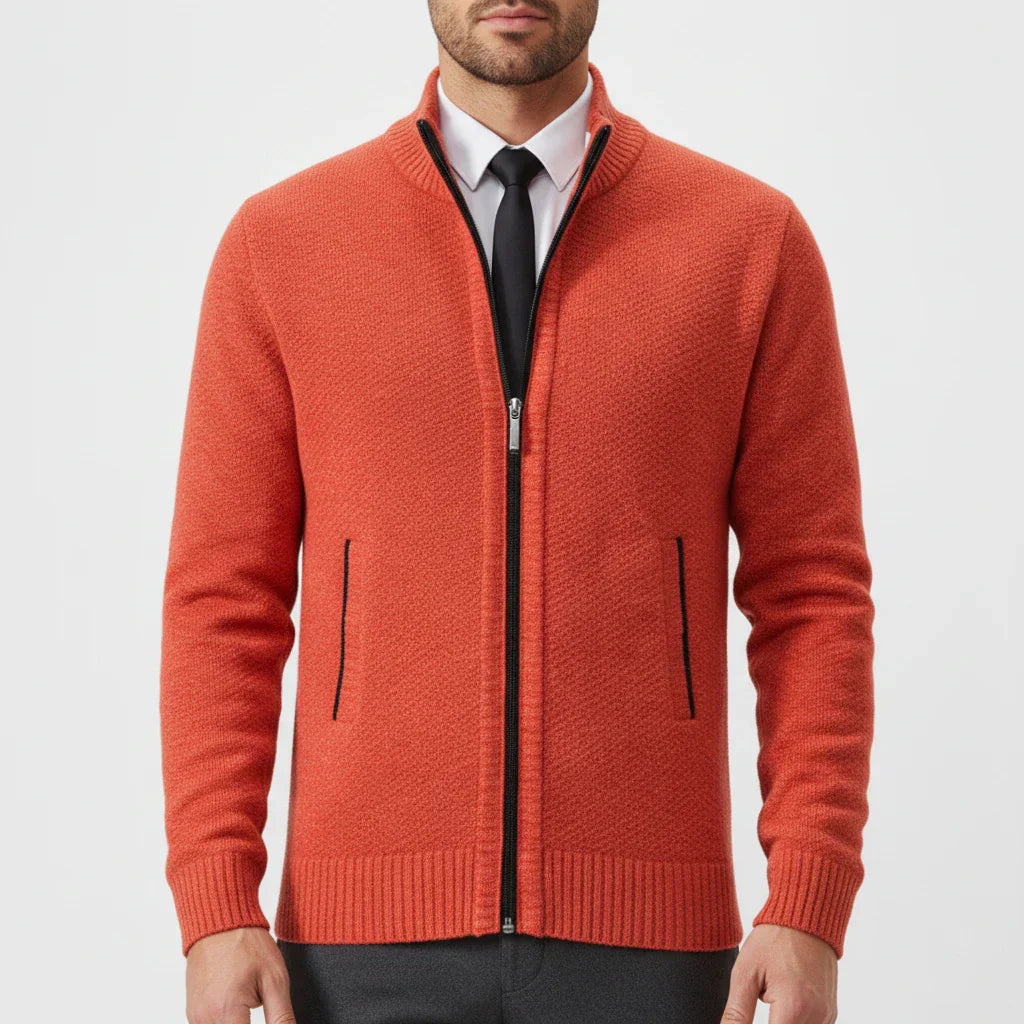 Men's zip-up sweater stand collar slim fit versatile layering for office and weekend wear