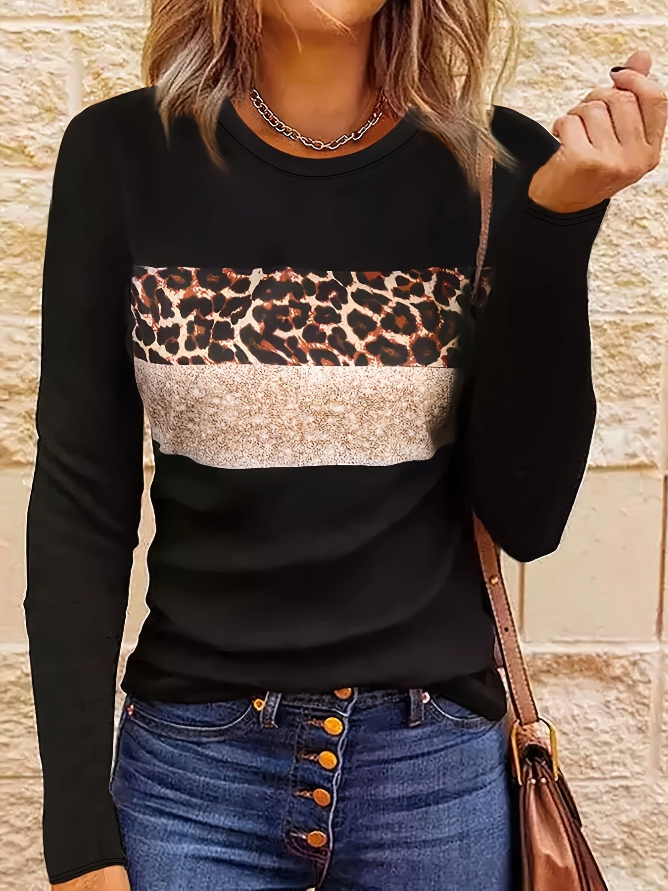 Women's leopard print long sleeve shirt, versatile all-season standard length statement top
