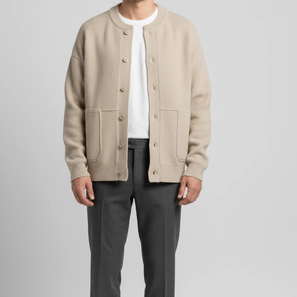 Olive green men's button-front cardigan with patch pockets, relaxed fit for versatile everyday layering