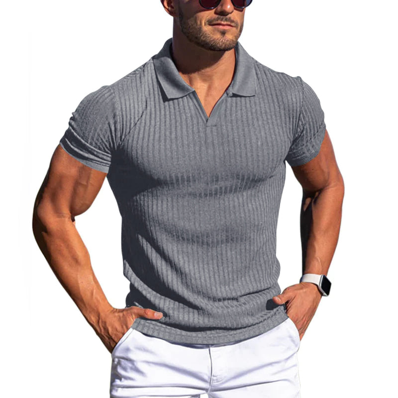 Men's slim fit ribbed knit polo shirt in classic style with tailored silhouette for everyday wear