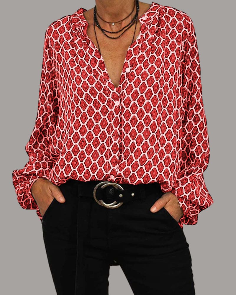 Women's geometric print V-neck blouse, breathable polyester cotton blend for all-day comfort