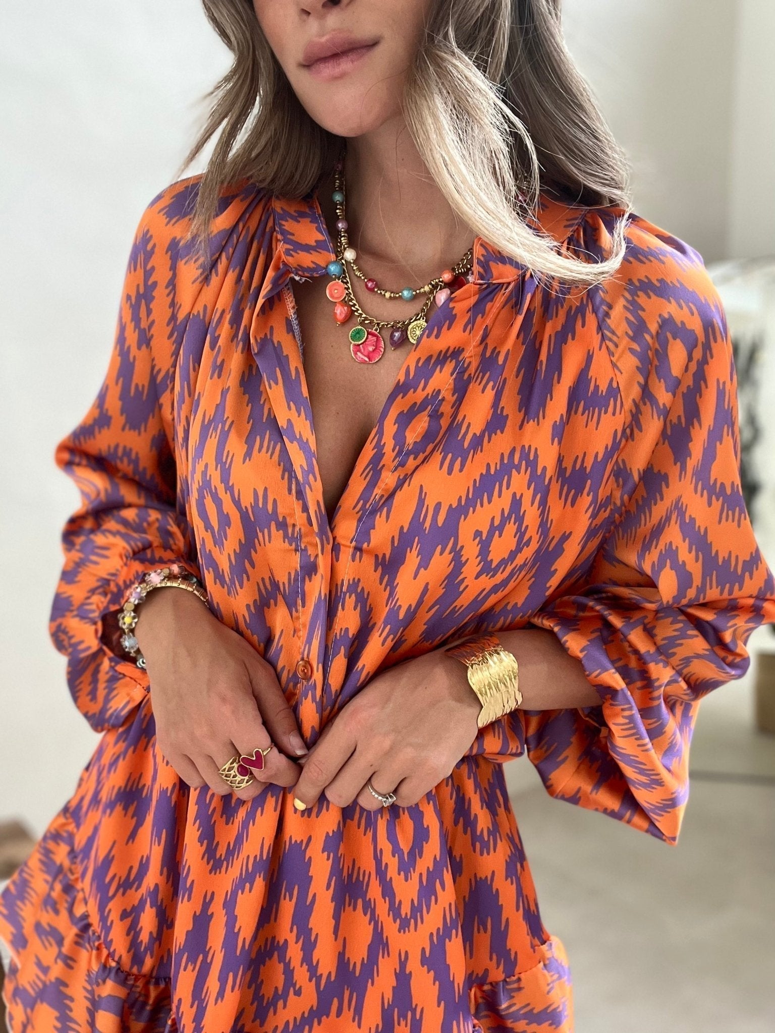 Eleanor ruffle mini dress in lightweight fabric, split V-neckline, elastic waist, long sleeves with gathered cuffs