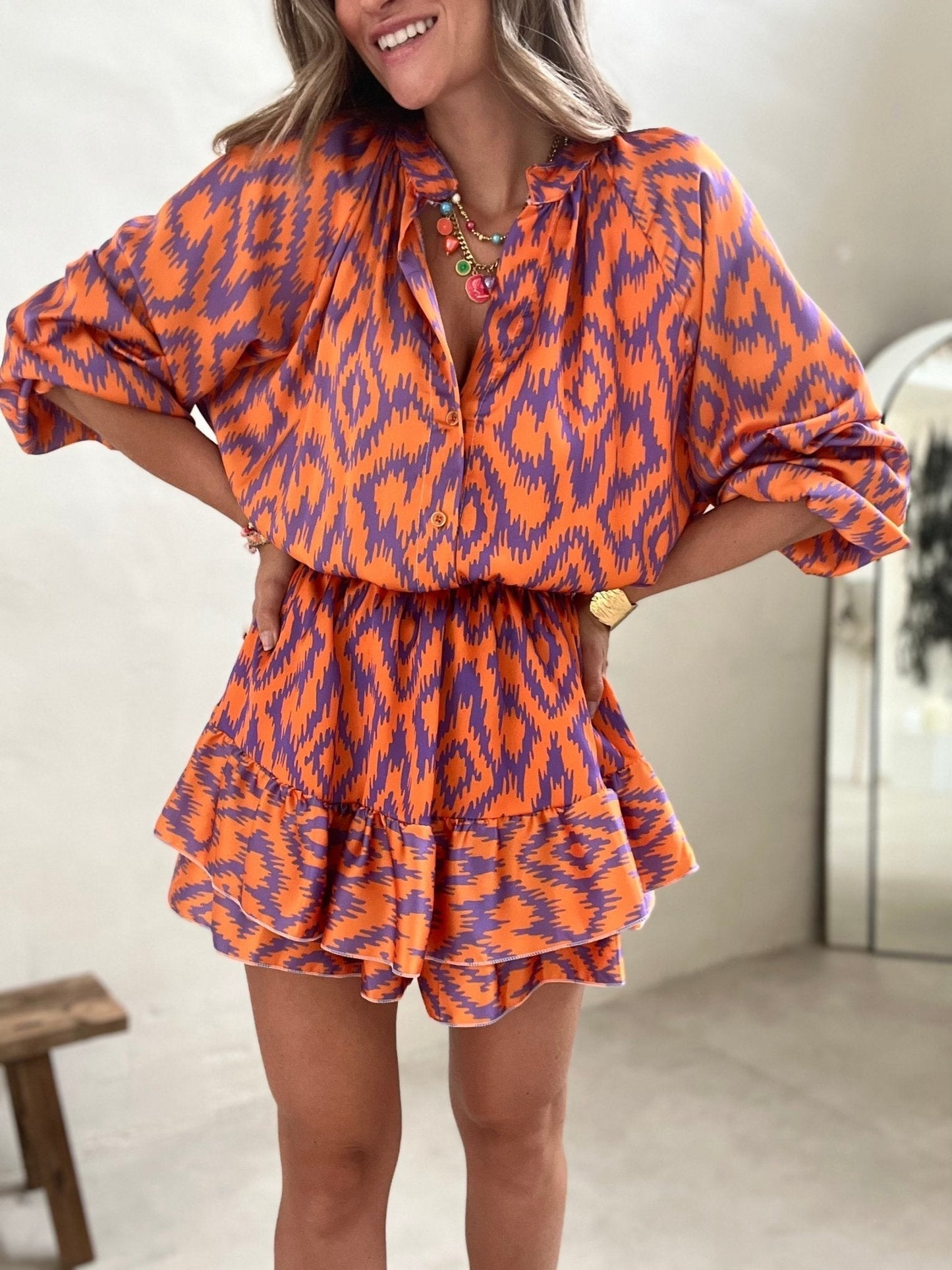 Eleanor ruffle mini dress, long sleeves, elastic waist, split V-neckline, lightweight spring summer women