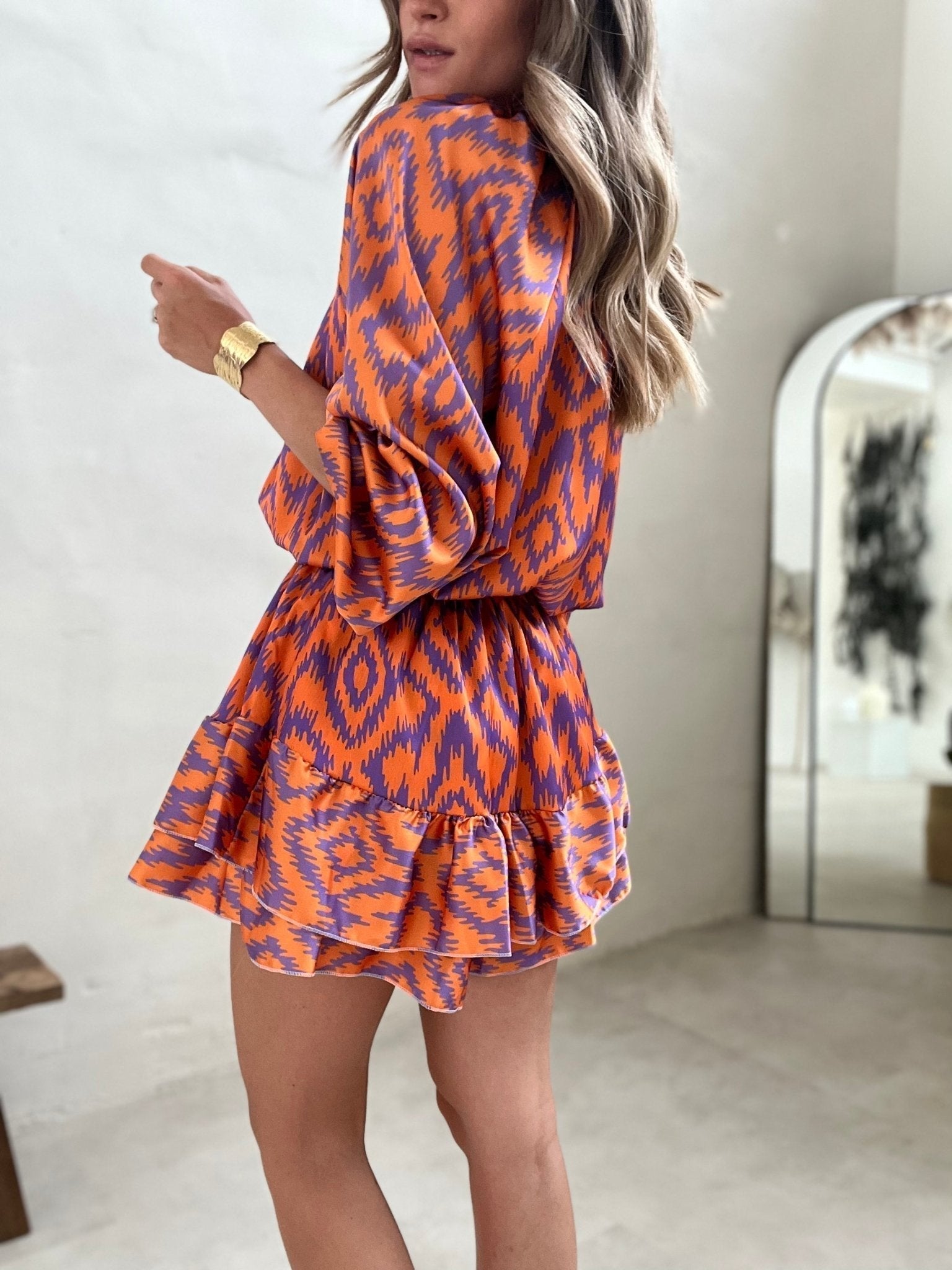 Eleanor ruffle mini dress, lightweight floral split V-neckline, elastic waist, long sleeves, spring summer