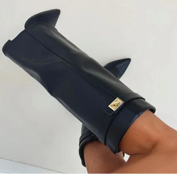 Black knee-high wedge boots for women with structured fit and supportive elevated sole